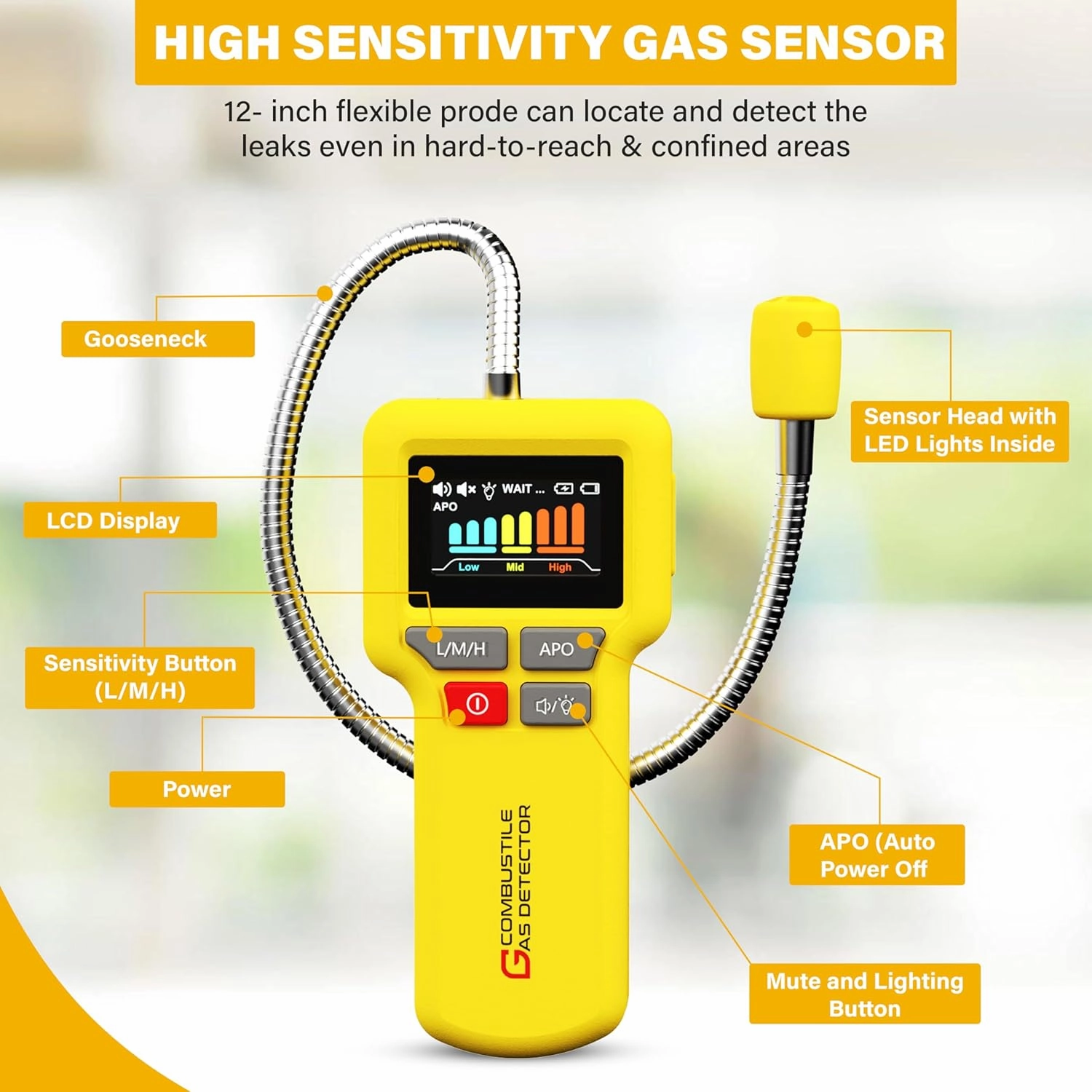 Y201Pro Natural Gas Leak Detector for Home, Methane, LP& Propane Gas Detector for RV, Explosive Gas Sniffer, 12-inch Flexible Probe with Light, AAx3 Battery Powered(Included),Yellow