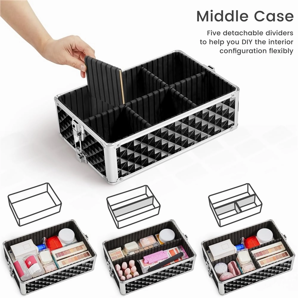 Yaheetech Rolling Makeup Train Case 3 in 1 Cosmetic Case Professional Makeup Suitcase Large Aluminum Cosmetic Trolley with Swivel Wheels and Key, Diamond Pattern- Black