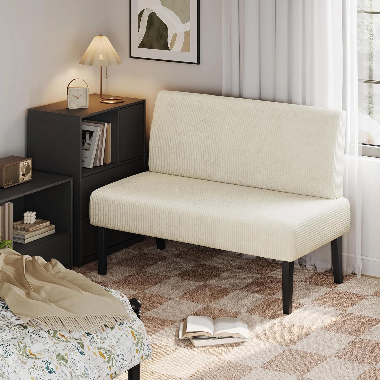 Yaheetech Small Mini Sofa Couch Armless Loveseat Futon for Bedroom, Corduroy Fabric & Easy Assembly, for Small Spaces Living Room,Dorm,Office,Apartment, Beige
