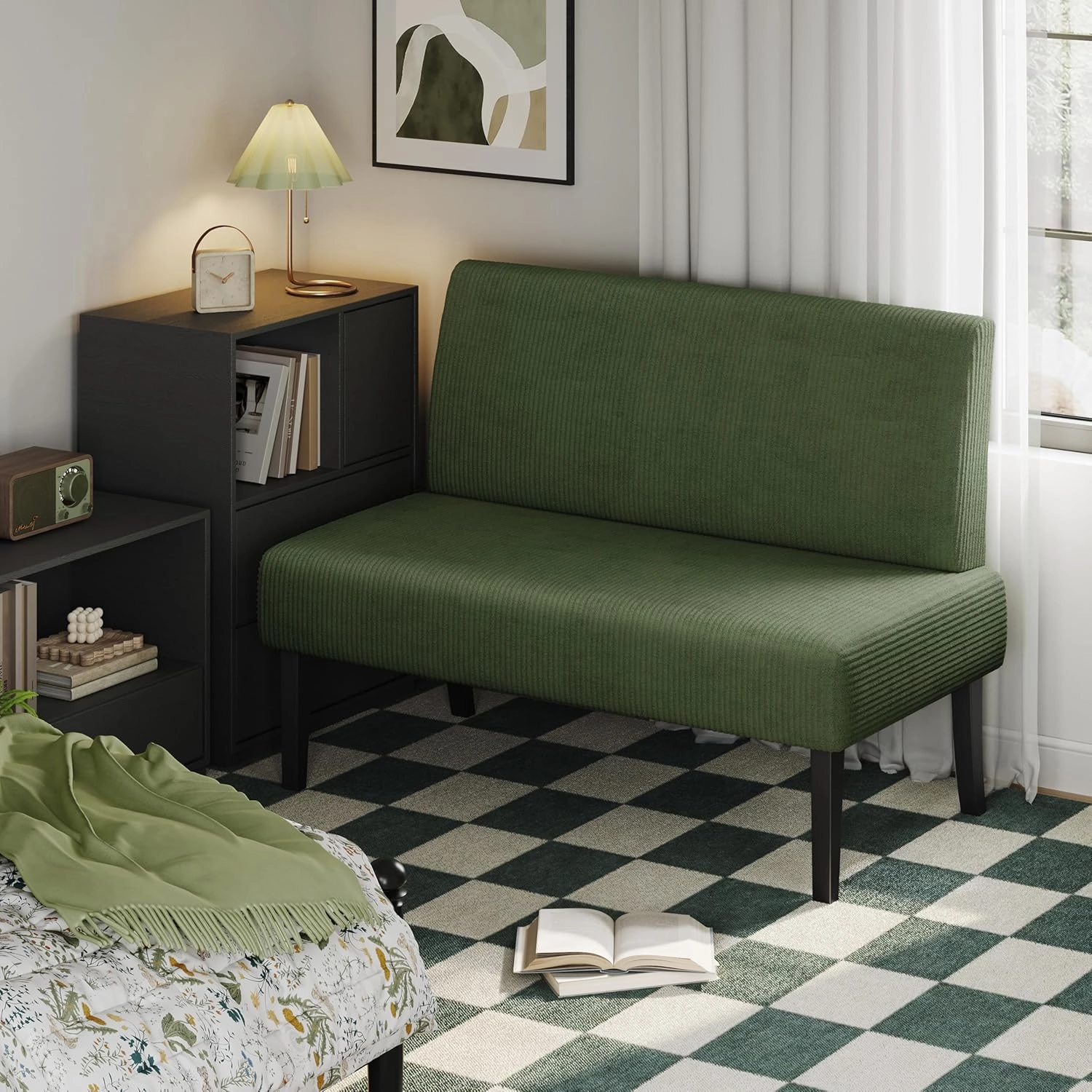Yaheetech Small Mini Sofa Couch Armless Loveseat Futon for Bedroom, Corduroy Fabric & Easy Assembly, for Small Spaces Living Room,Dorm,Office,Apartment, Green