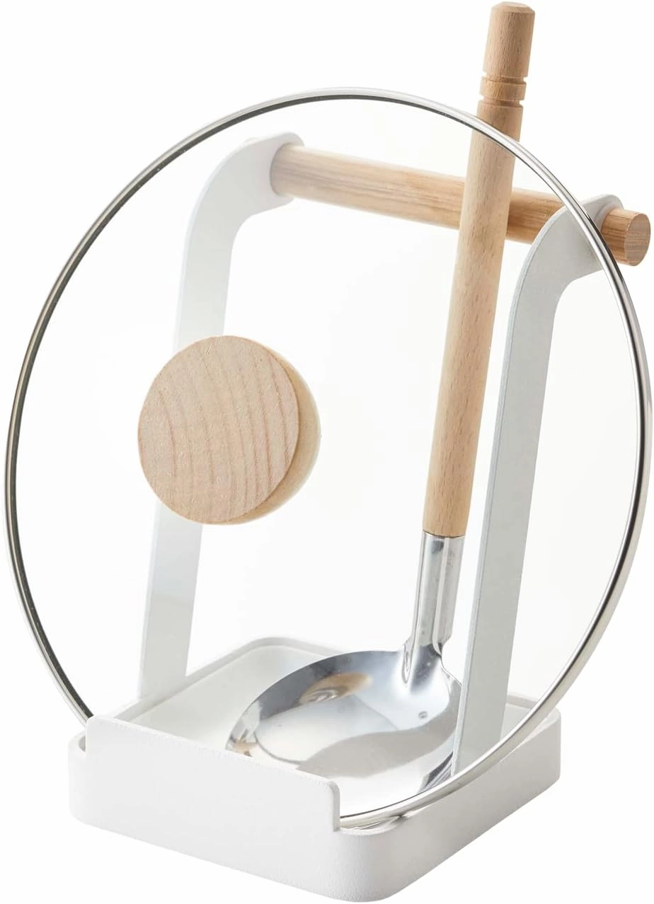 Yamazaki Home Ladle & Lid Rest - Kitchen Utensil Organizer Stand for Cooking Steel   Wood White