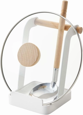 Yamazaki Home Ladle & Lid Rest - Kitchen Utensil Organizer Stand for Cooking Steel   Wood White