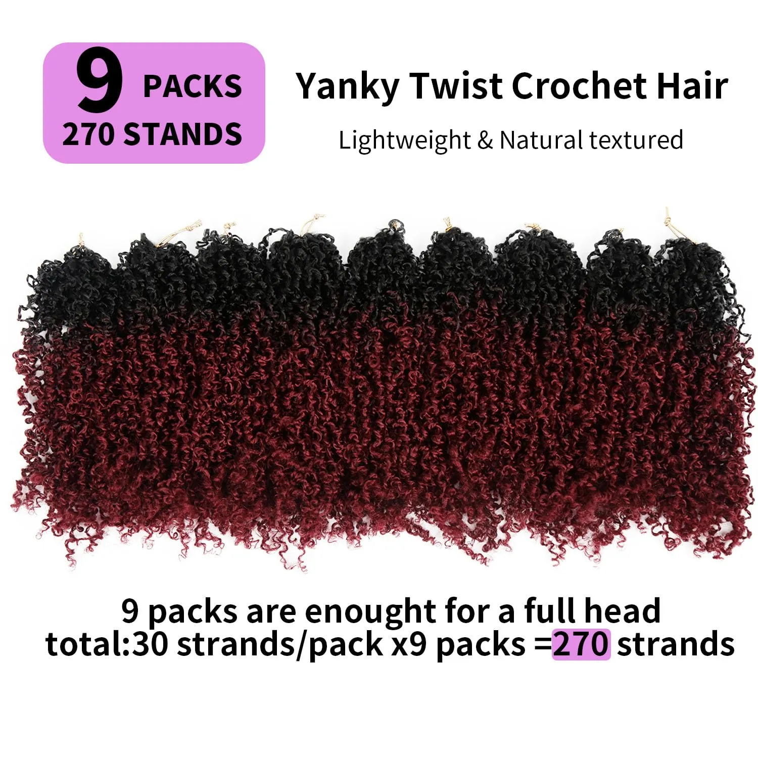 Yanky Twist Crochet Hair 9 Pack(270 Strands Total) Pre loop Pre Twisted Wine Red Braids Crochet Hair,Synthetic Spring Short Passion Twist Crochet Braiding Hair Extensions For Women(TBUG, 8 Inch)