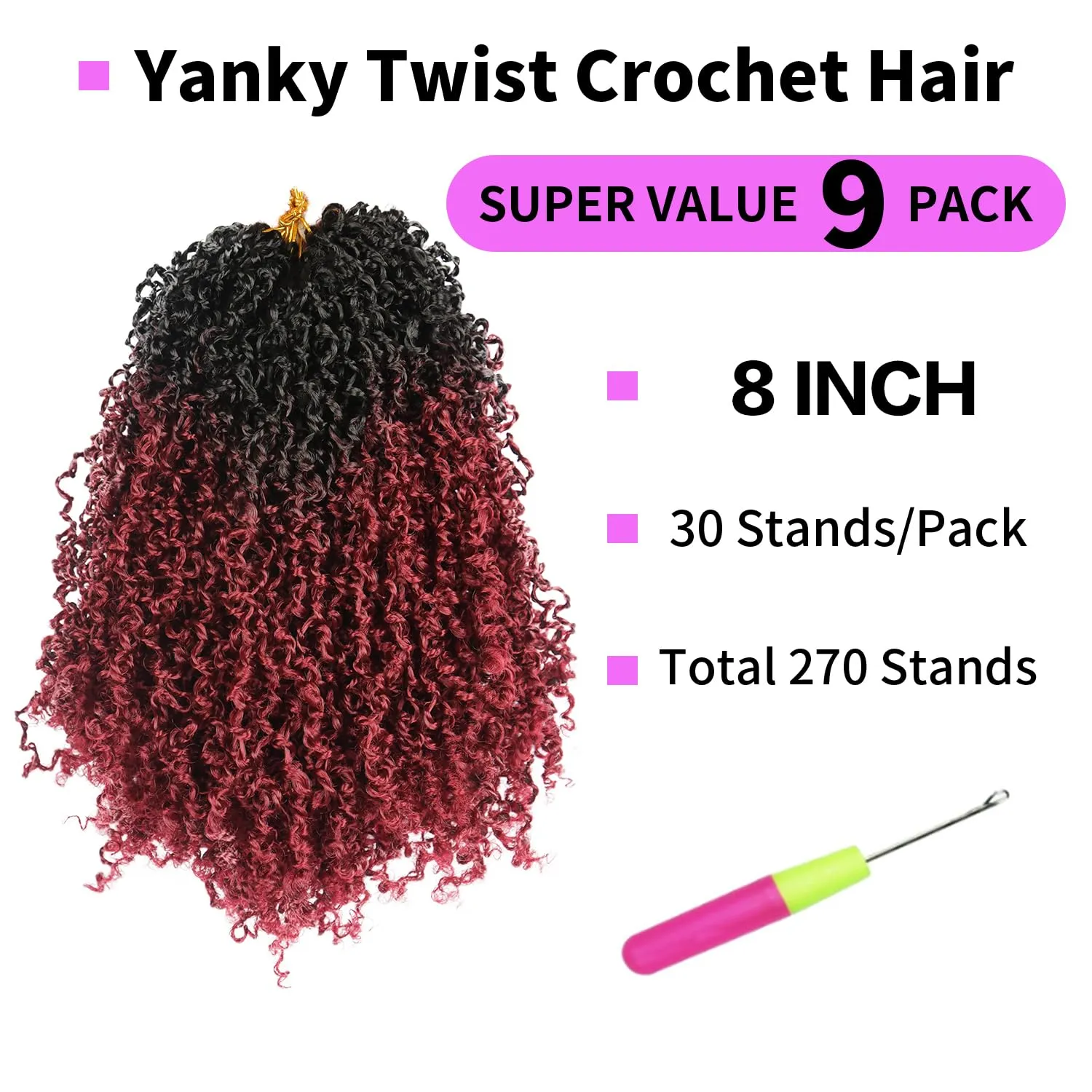Yanky Twist Crochet Hair 9 Pack(270 Strands Total) Pre loop Pre Twisted Wine Red Braids Crochet Hair,Synthetic Spring Short Passion Twist Crochet Braiding Hair Extensions For Women(TBUG, 8 Inch)
