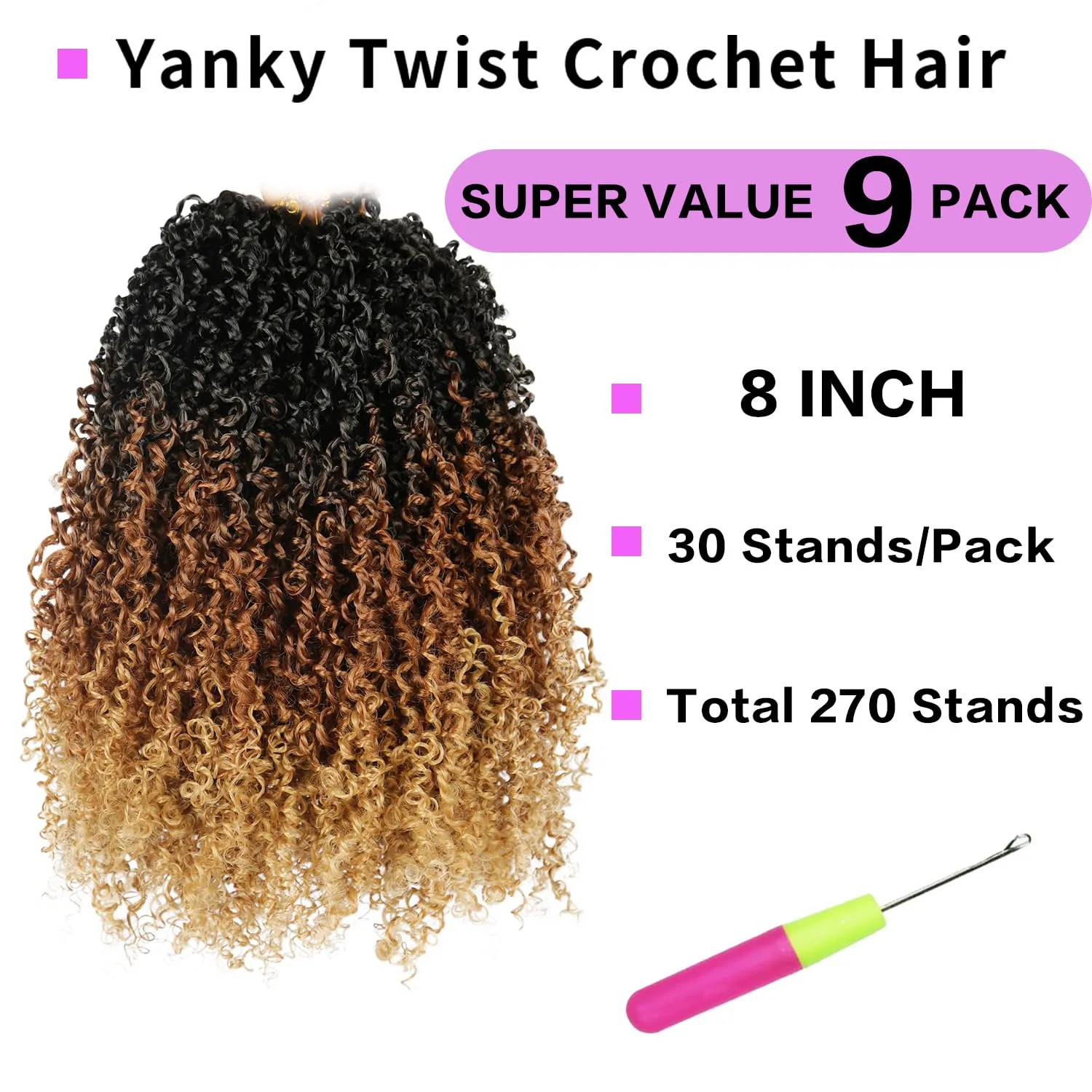Yanky Twist Crochet Hair 9 Pack(270 Strands Total) Pre loop Pre Twisted Yanky Twist Braids Crochet Hair,Synthetic Spring Short Passion Twist Crochet Braiding Hair Extensions For Women(1B3027, 8 Inch)