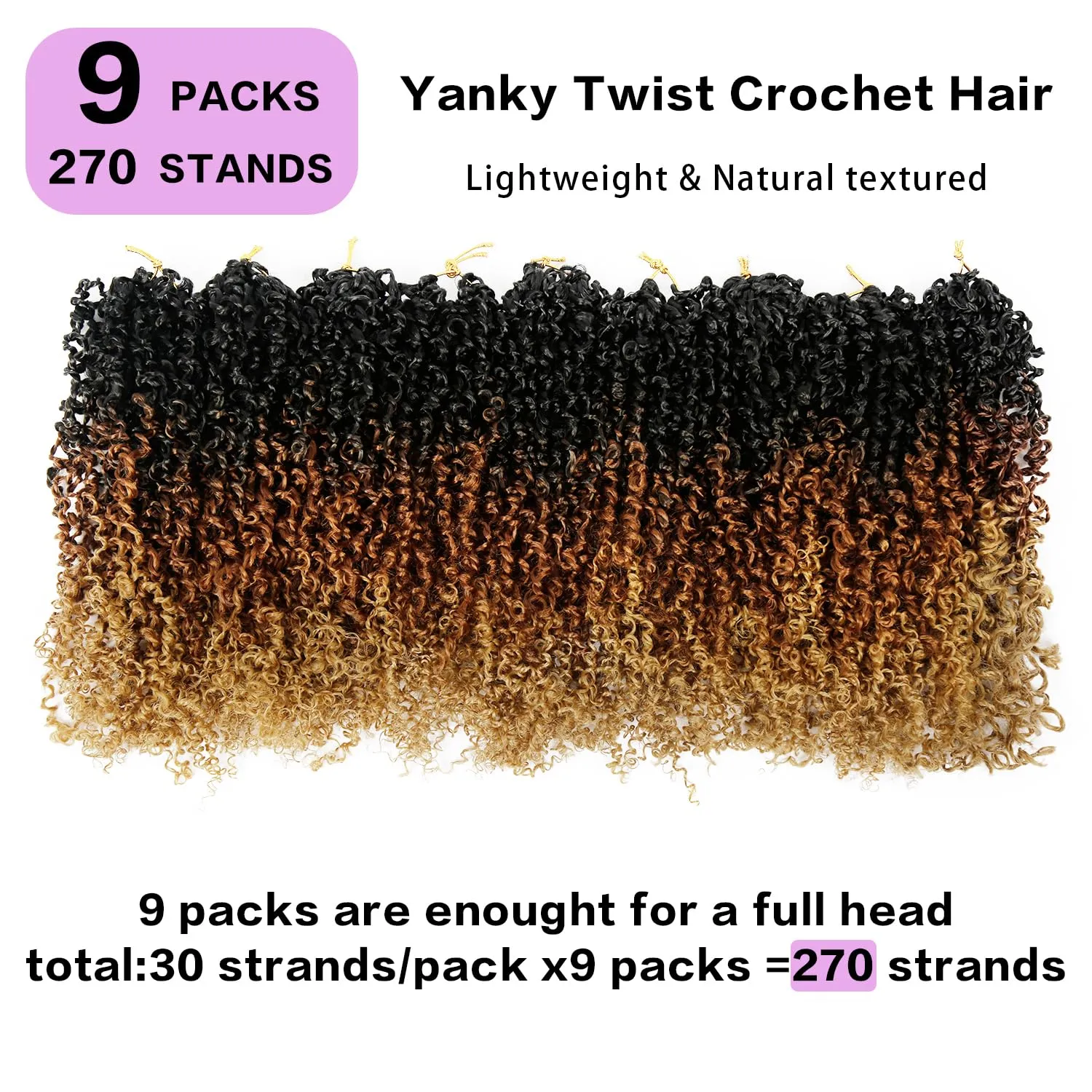 Yanky Twist Crochet Hair 9 Pack(270 Strands Total) Pre loop Pre Twisted Yanky Twist Braids Crochet Hair,Synthetic Spring Short Passion Twist Crochet Braiding Hair Extensions For Women(1B3027, 8 Inch)