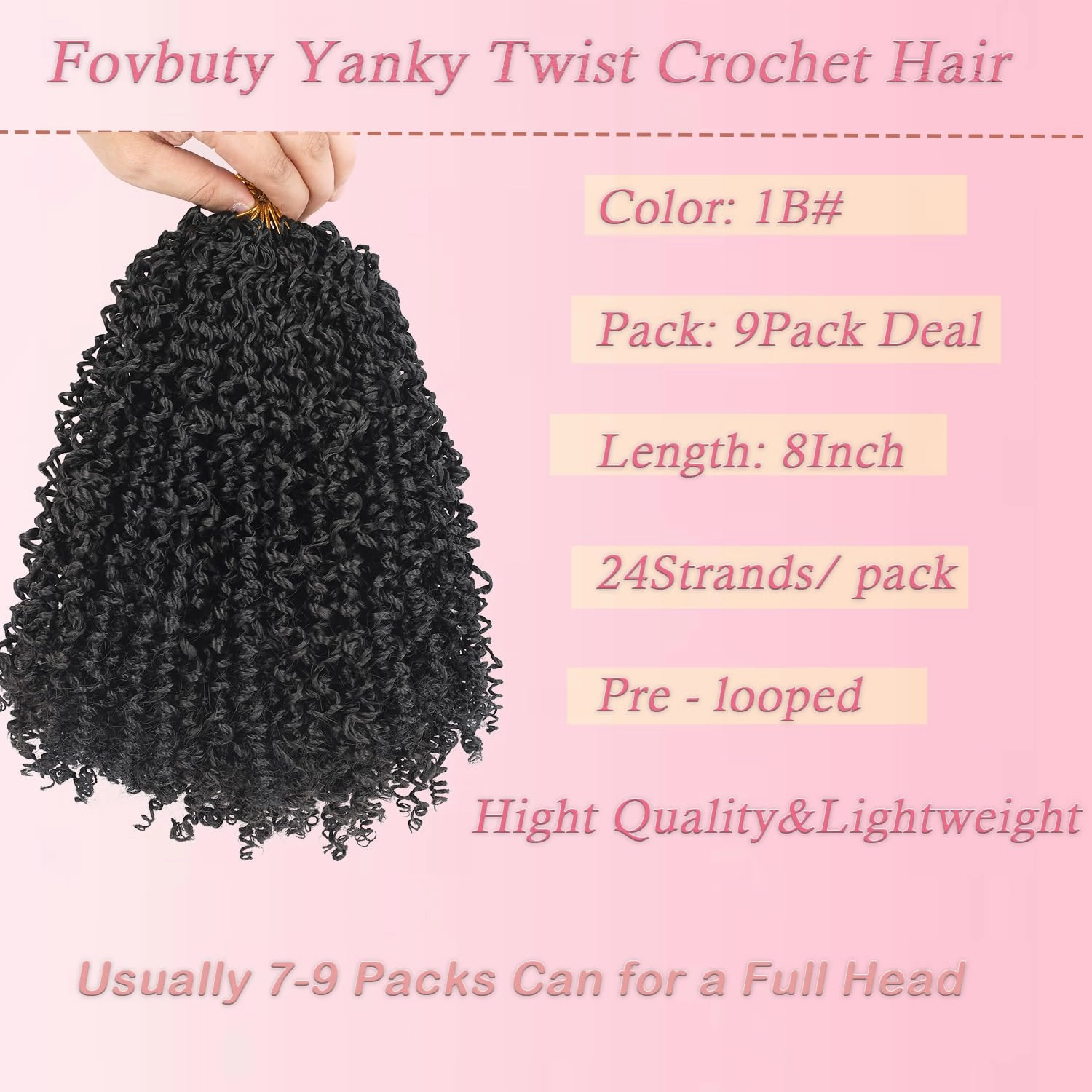 Yanky Twist Crochet Braids Hair 8 Inch 9 Bundles/Lot Natural Black Pre-Twisted Crochet with Curly Ends Small Curly Hair for Senegalese Twist Braids 1B#/9pack