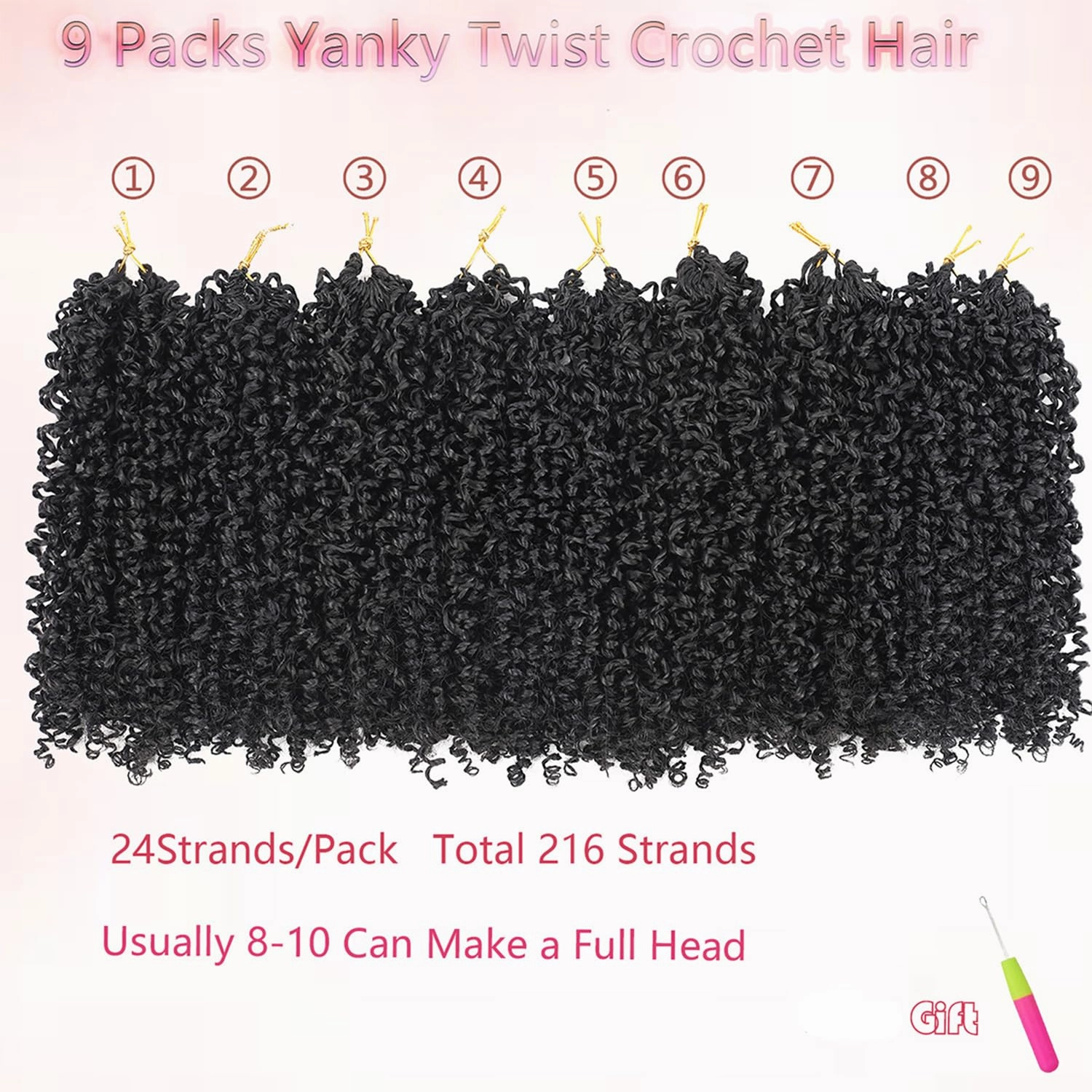 Yanky Twist Crochet Braids Hair 8 Inch 9 Bundles/Lot Natural Black Pre-Twisted Crochet with Curly Ends Small Curly Hair for Senegalese Twist Braids 1B#/9pack