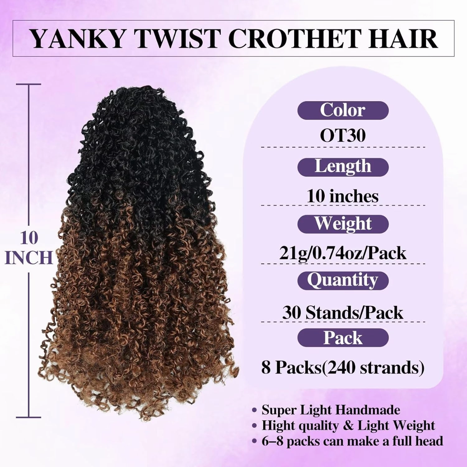 Yanky Twist Crochet Hair for black women 10 Inch 8 Packs 30 Stands/Pc,Pre-looped Fluffy Spring Mini Twist Passion Twist Black Ombre Brown Synthetic Crochet Braids Braiding Hair(10 Inch, OT30-8P)
