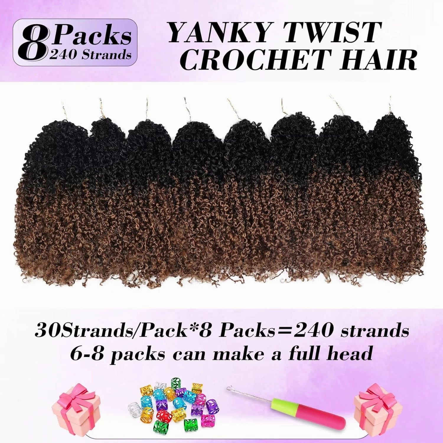 Yanky Twist Crochet Hair for black women 10 Inch 8 Packs 30 Stands/Pc,Pre-looped Fluffy Spring Mini Twist Passion Twist Black Ombre Brown Synthetic Crochet Braids Braiding Hair(10 Inch, OT30-8P)
