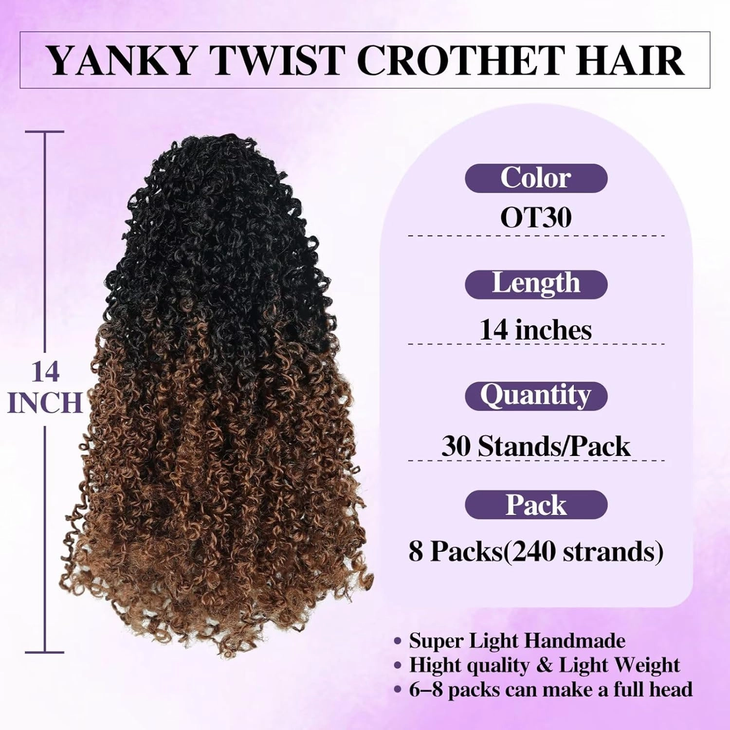 Yanky Twist Crochet Hair for black women 14 Inch 8 Packs 30 Stands/Pc,Pre-looped Fluffy Spring Mini Twist Passion Twist Black Ombre Brown Synthetic Crochet Braids Braiding Hair(14 Inch, OT30-8P)