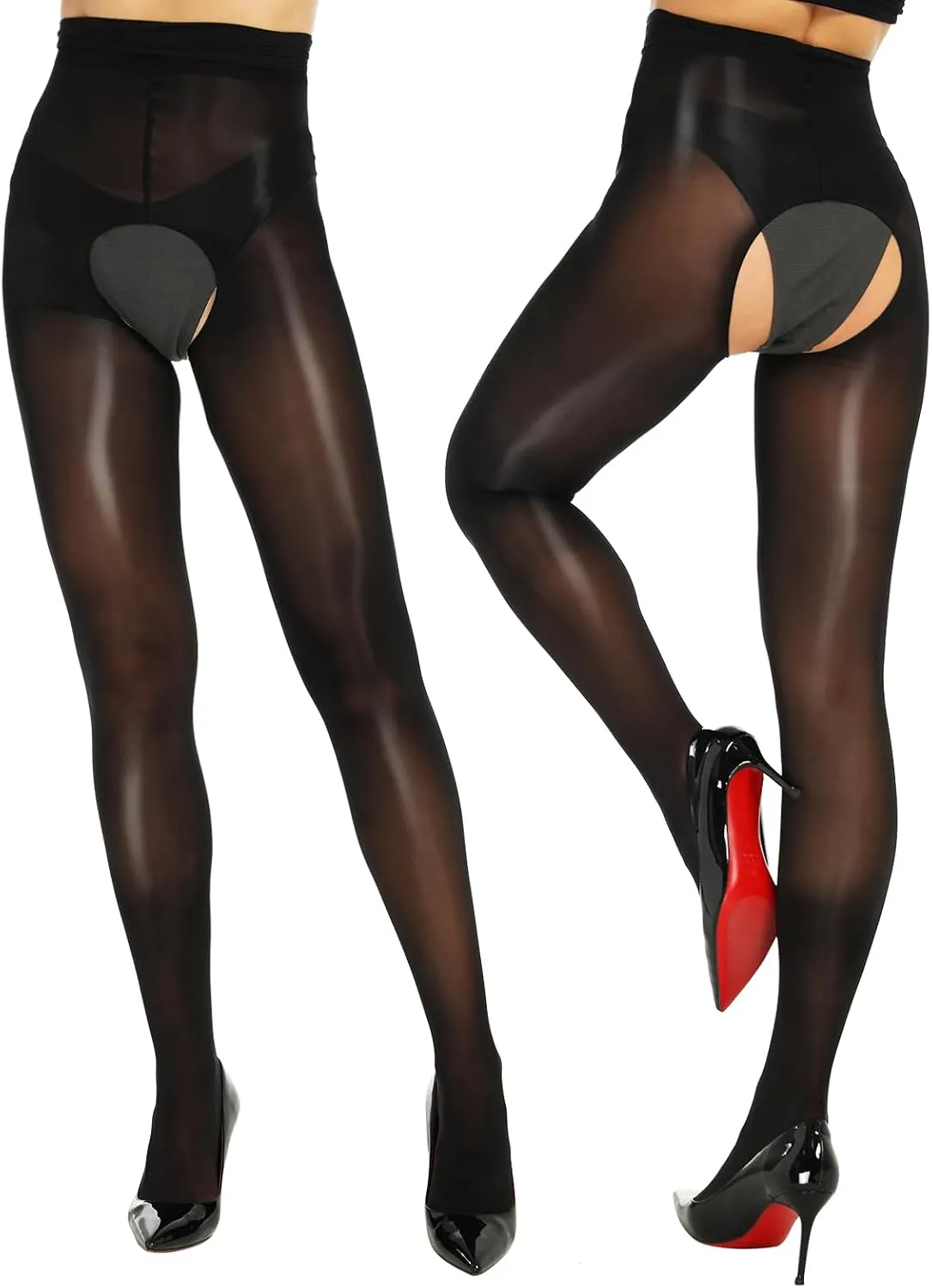 Yilanmy Shiny Sheer Tights Open Crotch pantyhose for Women High Waist shimmery tights Oil Shimmery Nylons 2 Pairs