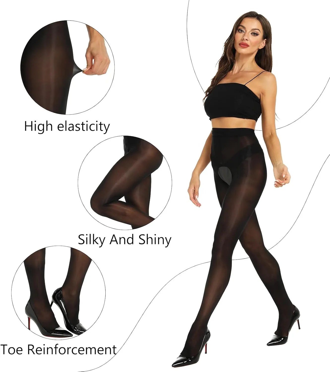 Yilanmy Shiny Sheer Tights Open Crotch pantyhose for Women High Waist shimmery tights Oil Shimmery Nylons 2 Pairs