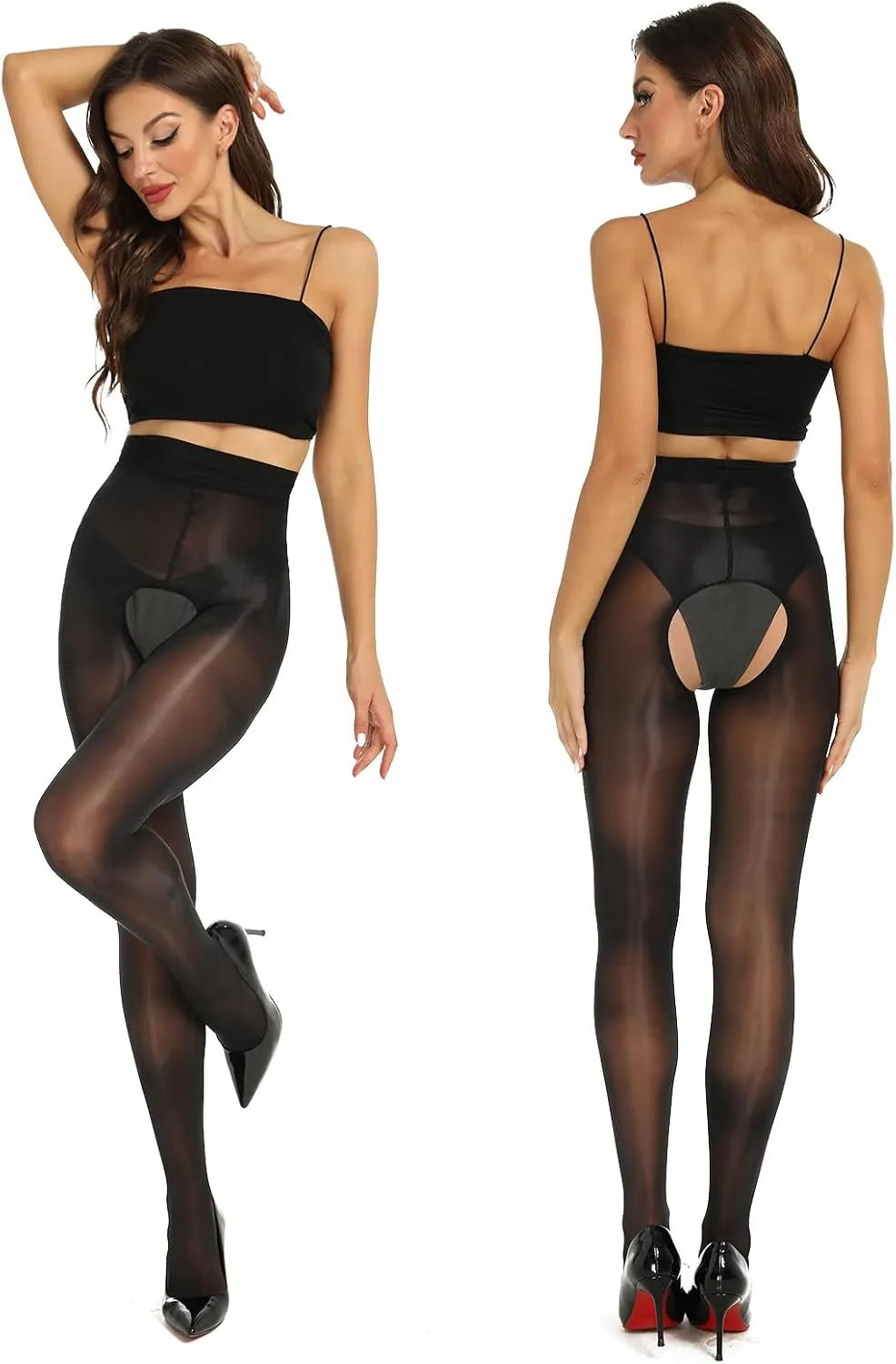 Yilanmy Shiny Sheer Tights Open Crotch pantyhose for Women High Waist shimmery tights Oil Shimmery Nylons 2 Pairs