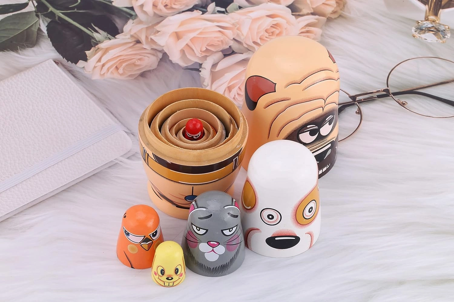 Yoption 6Pcs Russian Nesting Dolls, Handmade Wooden Cute Dog Matryoshka Dolls Set for Kids Christmas Birthday Wishing Gift (Cute Dogs)