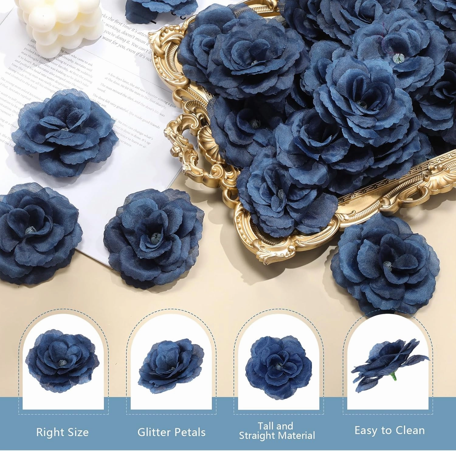 Yunlly 100 Pcs Artificial Flowers Fake Silk Roses Long Stem Rose Bouquet Wedding Party Home Decor for DIY Baby Shower Centerpieces Tables Home Decorations(Navy Blue)