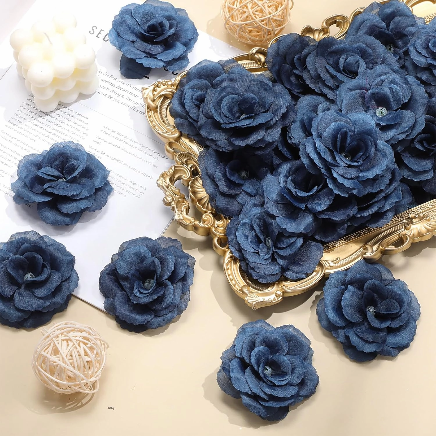 Yunlly 100 Pcs Artificial Flowers Fake Silk Roses Long Stem Rose Bouquet Wedding Party Home Decor for DIY Baby Shower Centerpieces Tables Home Decorations(Navy Blue)