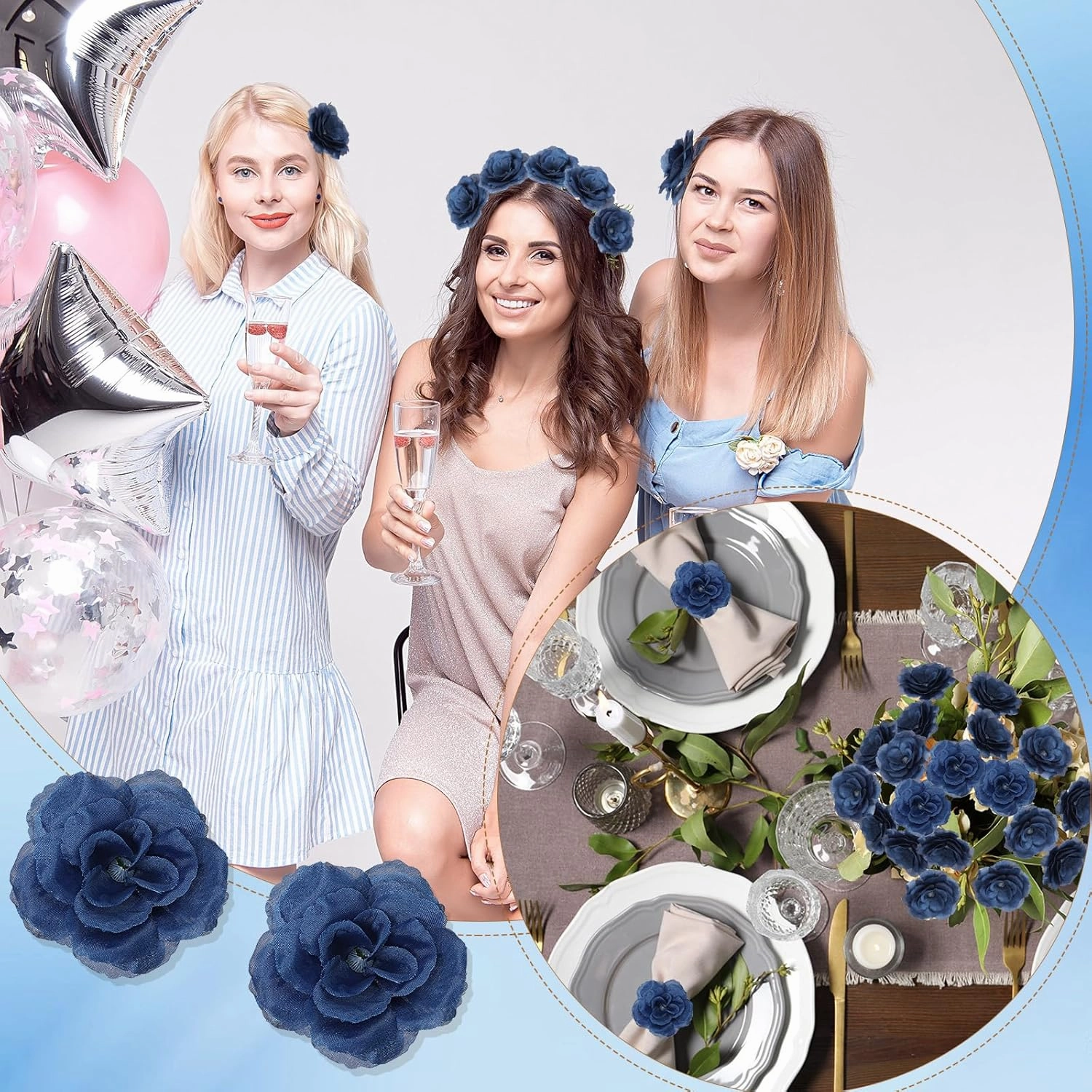 Yunlly 100 Pcs Artificial Flowers Fake Silk Roses Long Stem Rose Bouquet Wedding Party Home Decor for DIY Baby Shower Centerpieces Tables Home Decorations(Navy Blue)