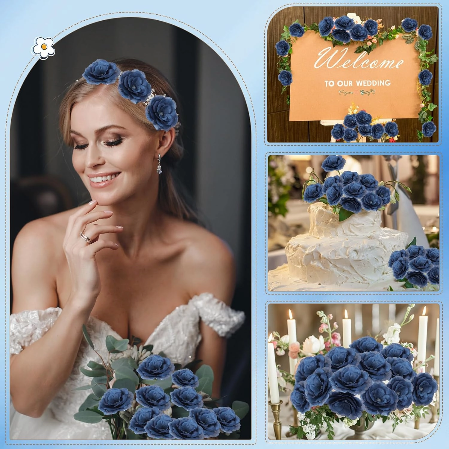 Yunlly 100 Pcs Artificial Flowers Fake Silk Roses Long Stem Rose Bouquet Wedding Party Home Decor for DIY Baby Shower Centerpieces Tables Home Decorations(Navy Blue)