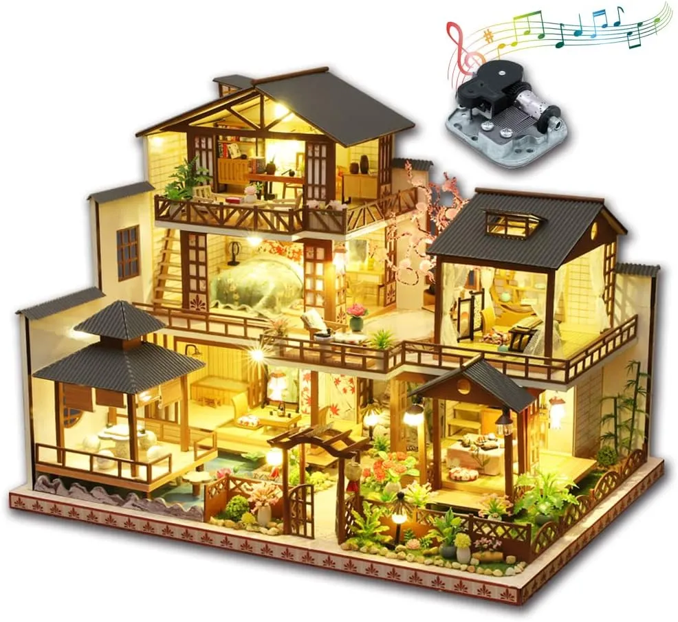 Yuzhen DIY Miniature Dollhouse Kit with Furniture and LED Lights, Japanese Wooden Dollhouse Includes Dustcover and Music Box, Collectibles for Hobbies