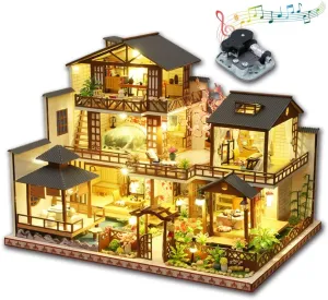 Yuzhen DIY Miniature Dollhouse Kit with Furniture and LED Lights, Japanese Wooden Dollhouse Includes Dustcover and Music Box, Collectibles for Hobbies