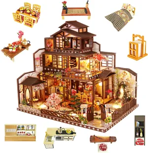 Yuzhen DIY Miniature Dollhouse Kit with Furniture and LED Lights, Japanese Wooden Dollhouse Includes Dustcover and Music Box, Decent Gift for Adults or Kids