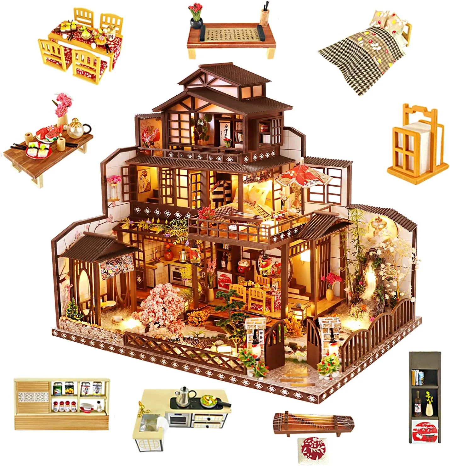 Yuzhen DIY Miniature Dollhouse Kit with Furniture and LED Lights, Japanese Wooden Dollhouse Includes Dustcover and Music Box, Decent Gift for Adults or Kids