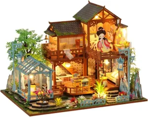 Yuzhen DIY Miniature Dollhouse with Furniture and LED Lights, Ancient Style Wooden Dollhouse Includes Dustcover and Music Movement, Exquisite Home Decor