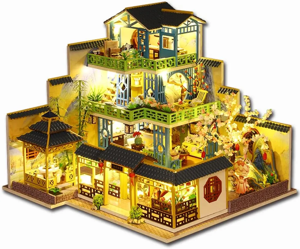 Yuzhen DIY Miniature Dollhouse with Furniture and LED Lights, Japanese Style Wooden Mini-House Includes Dustcover and Music Movement, Collectibles for Hobbies