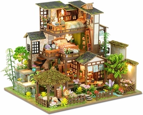 Yuzhen DIY Miniature Dollhouse with Furniture and LED Lights, Japanese Style Wooden Dollhouse Includes Dustcover and Music Movement, Exquisite Home Decor