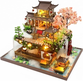 Yuzhen DIY Miniature Dollhouse with Furniture and LED Lights, Large Ancient Style Wooden Dollhouse Includes Dustcover and Music Movement