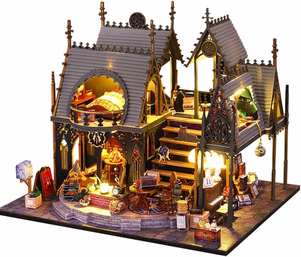 Yuzhen DIY Miniature Dollhouse with Furniture and LED Lights, Wooden Dollhouse Includes Dustcover and Music Movement