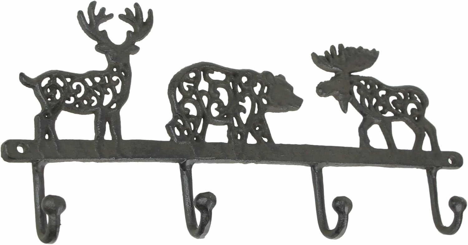 Zeckos Wilderness Charm - Rustic Brown Cast Iron Moose, Bear, and Deer Wall Mounted Hook Rack - Cabin or Lodge Decor Accent - 13.75 Inches Long - Easy Installation