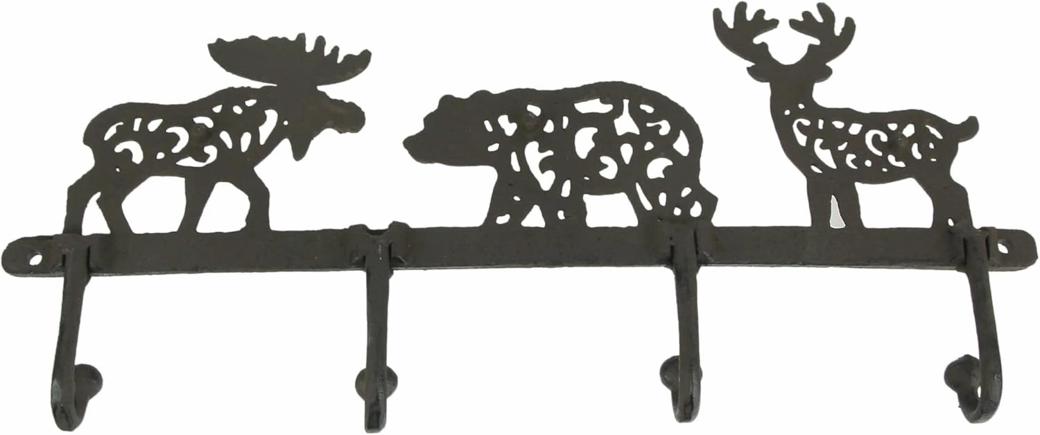 Zeckos Wilderness Charm - Rustic Brown Cast Iron Moose, Bear, and Deer Wall Mounted Hook Rack - Cabin or Lodge Decor Accent - 13.75 Inches Long - Easy Installation