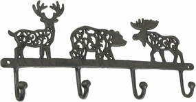 Zeckos Wilderness Charm - Rustic Brown Cast Iron Moose, Bear, and Deer Wall Mounted Hook Rack - Cabin or Lodge Decor Accent - 13.75 Inches Long - Easy Installation