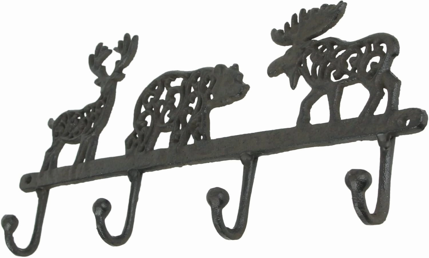 Zeckos Wilderness Charm - Rustic Brown Cast Iron Moose, Bear, and Deer Wall Mounted Hook Rack - Cabin or Lodge Decor Accent - 13.75 Inches Long - Easy Installation