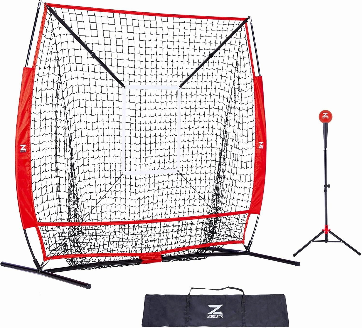 ZELUS Baseball net and tee, 5x5ft/ 7x7ft Baseball Net for Hitting and Pitching, Portable Indoor Outdoor Batting Practice Net with Carry Bag Ball Caddy & Baseballs