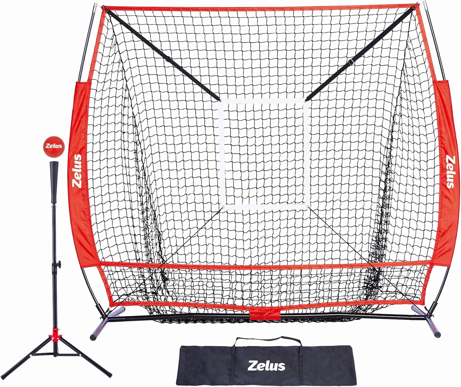 ZELUS Baseball net and tee, 5x5ft/ 7x7ft Baseball Net for Hitting and Pitching, Portable Indoor Outdoor Batting Practice Net with Carry Bag Ball Caddy & Baseballs