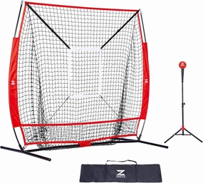 ZELUS Baseball net and tee, 5x5ft/ 7x7ft Baseball Net for Hitting and Pitching, Portable Indoor Outdoor Batting Practice Net with Carry Bag Ball Caddy & Baseballs