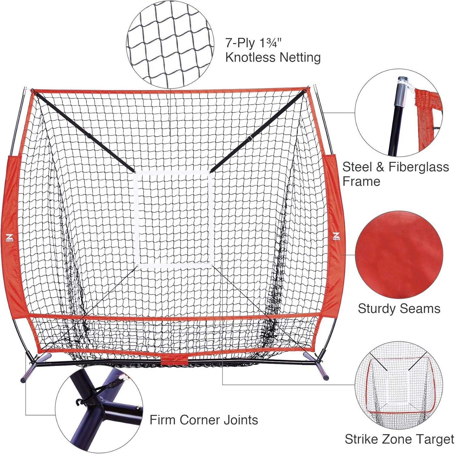 ZELUS Baseball net and tee, 5x5ft/ 7x7ft Baseball Net for Hitting and Pitching, Portable Indoor Outdoor Batting Practice Net with Carry Bag Ball Caddy & Baseballs