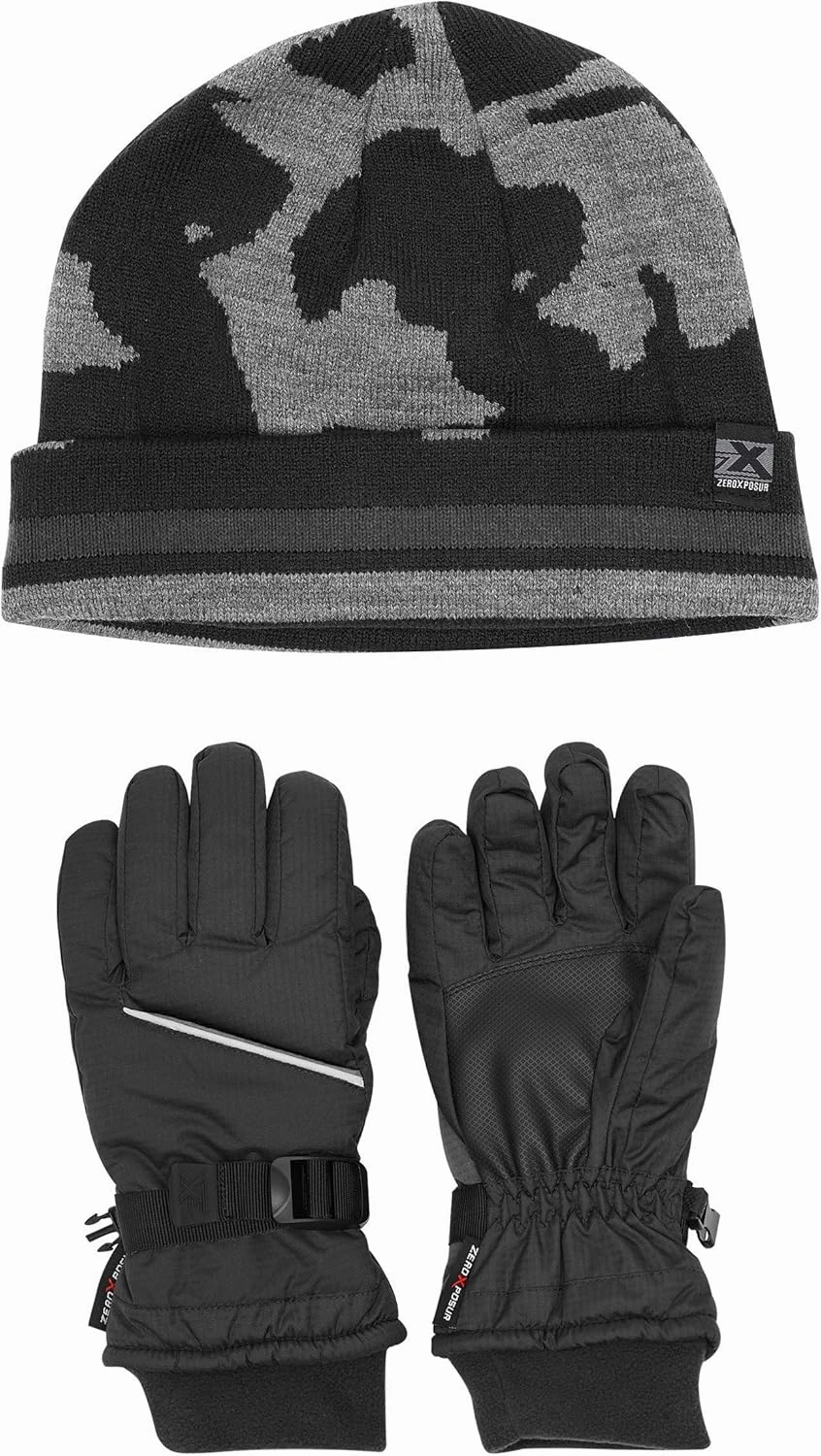 ZeroXposur Boys Winter Gloves and Reversible Winter Hat Set with Thinsulate PVC Palms and Fleece Elastic cuffs