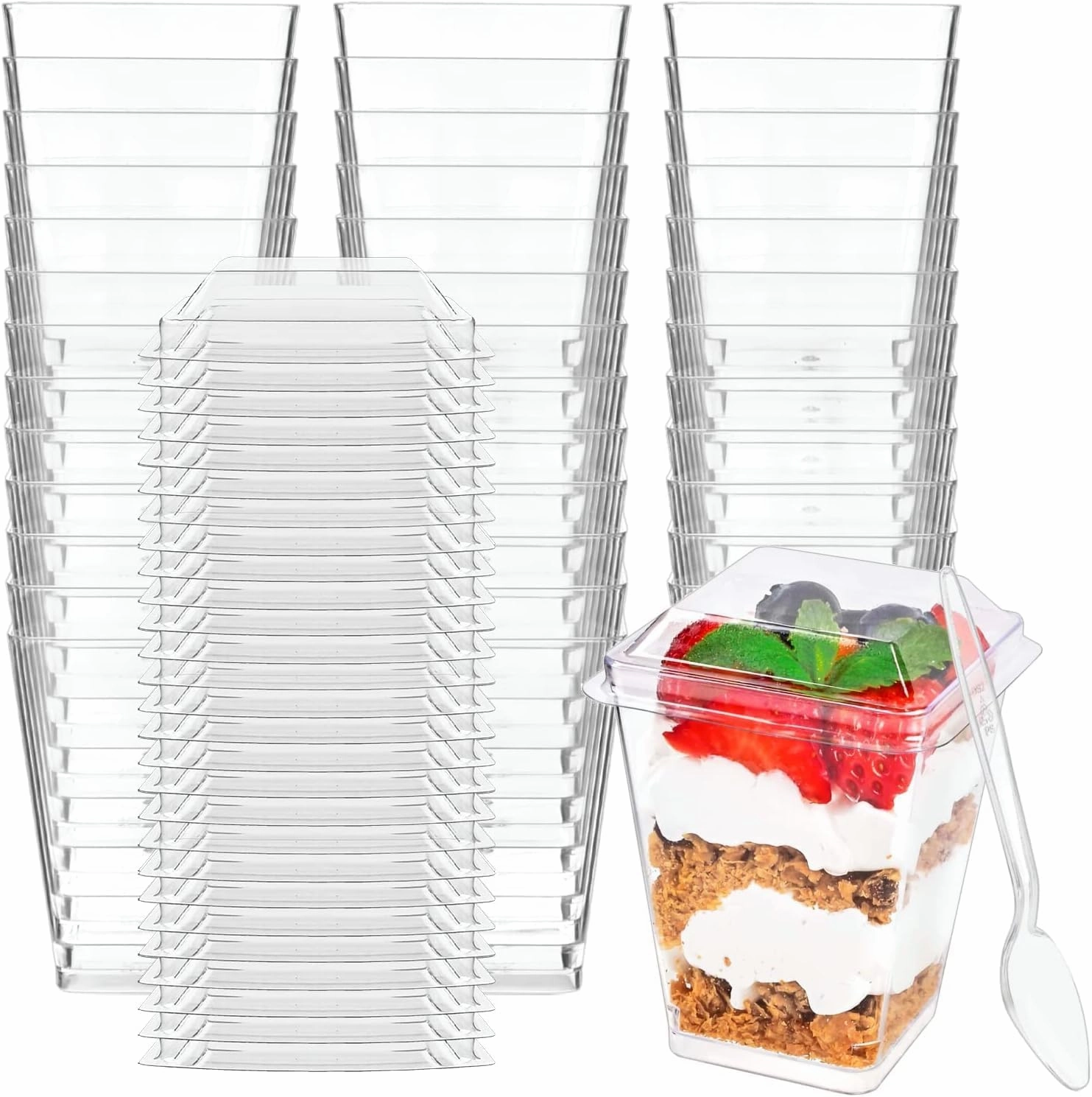 Zezzxu 100 Pack 5 oz Plastic Dessert Cups with Lids and Spoons, Banana Pudding Cups with Lids Mini Dessert Shooters for Party Individual Yogurt Parfait Jello Fruit Trifle