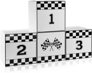 Zhanmai 4 Pcs Large Racing Car Party Boxes 11.8 x 11.8 Inch Goodie Checkered Boxes for Birthday Decor Truck Theme Race Car Podium Centerpiece Decorations Cardboard Party Favors(White)