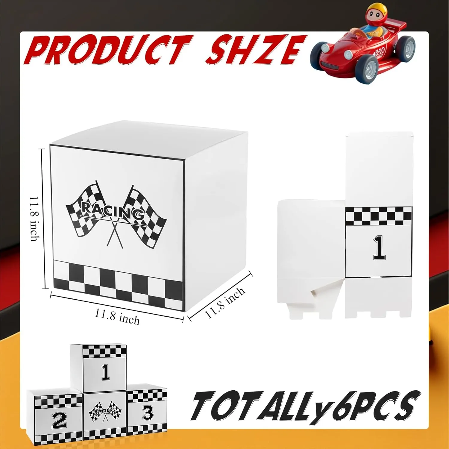 Zhanmai 4 Pcs Large Racing Car Party Boxes 11.8 x 11.8 Inch Goodie Checkered Boxes for Birthday Decor Truck Theme Race Car Podium Centerpiece Decorations Cardboard Party Favors(White)