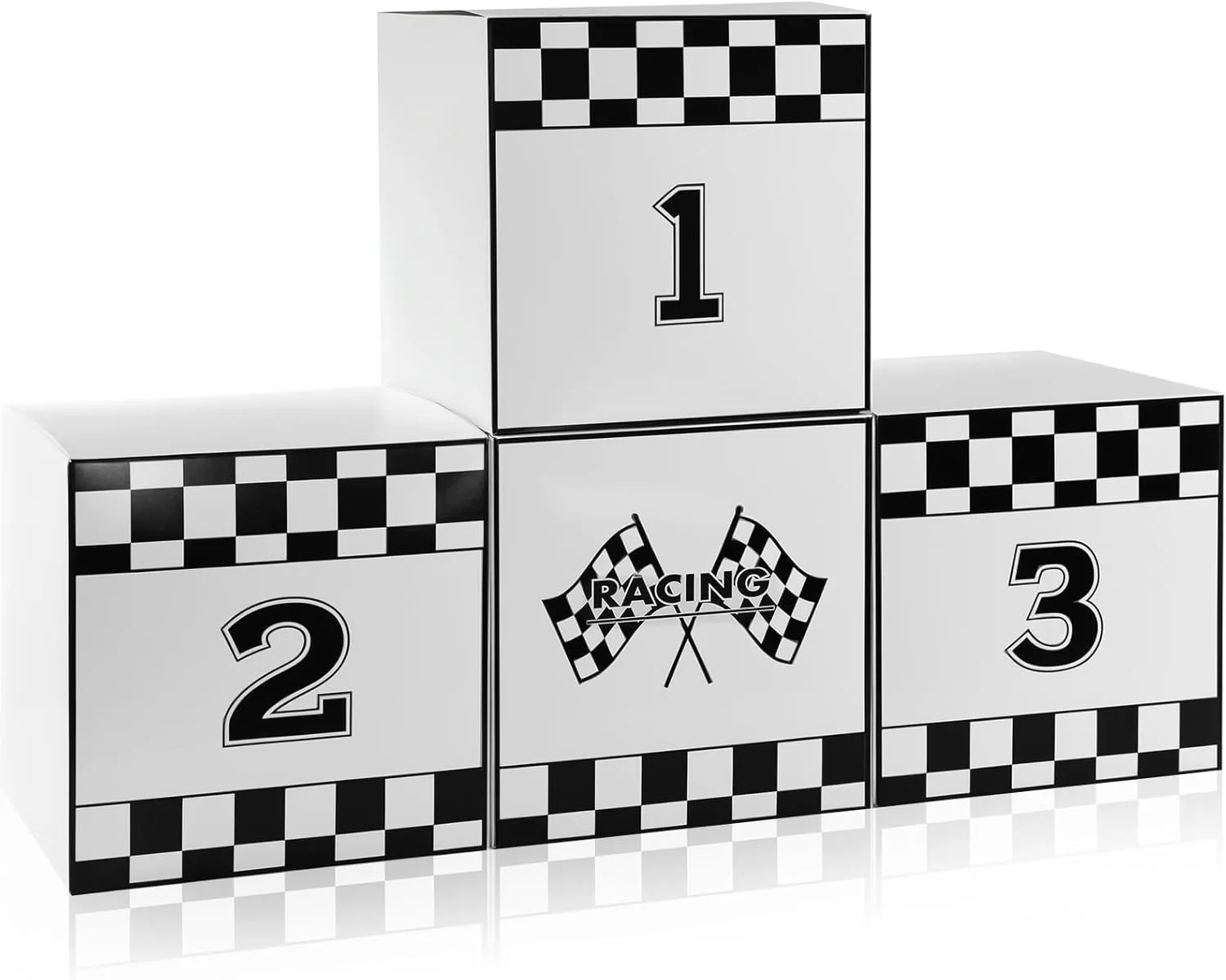 Zhanmai 4 Pcs Large Racing Car Party Boxes 11.8 x 11.8 Inch Goodie Checkered Boxes for Birthday Decor Truck Theme Race Car Podium Centerpiece Decorations Cardboard Party Favors(White)
