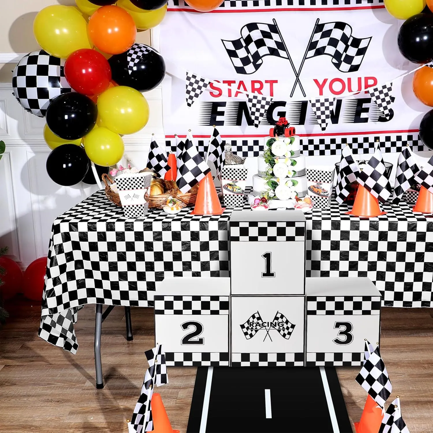 Zhanmai 4 Pcs Large Racing Car Party Boxes 11.8 x 11.8 Inch Goodie Checkered Boxes for Birthday Decor Truck Theme Race Car Podium Centerpiece Decorations Cardboard Party Favors(White)