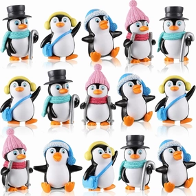 Zhanmai Cute Penguin Characters Toys Collection Playset Mini Cartoon Figures Cake Topper Winter Figurines Cake Decoration for Boy Girl Gift Birthday Landscape Party(16 Pieces)
