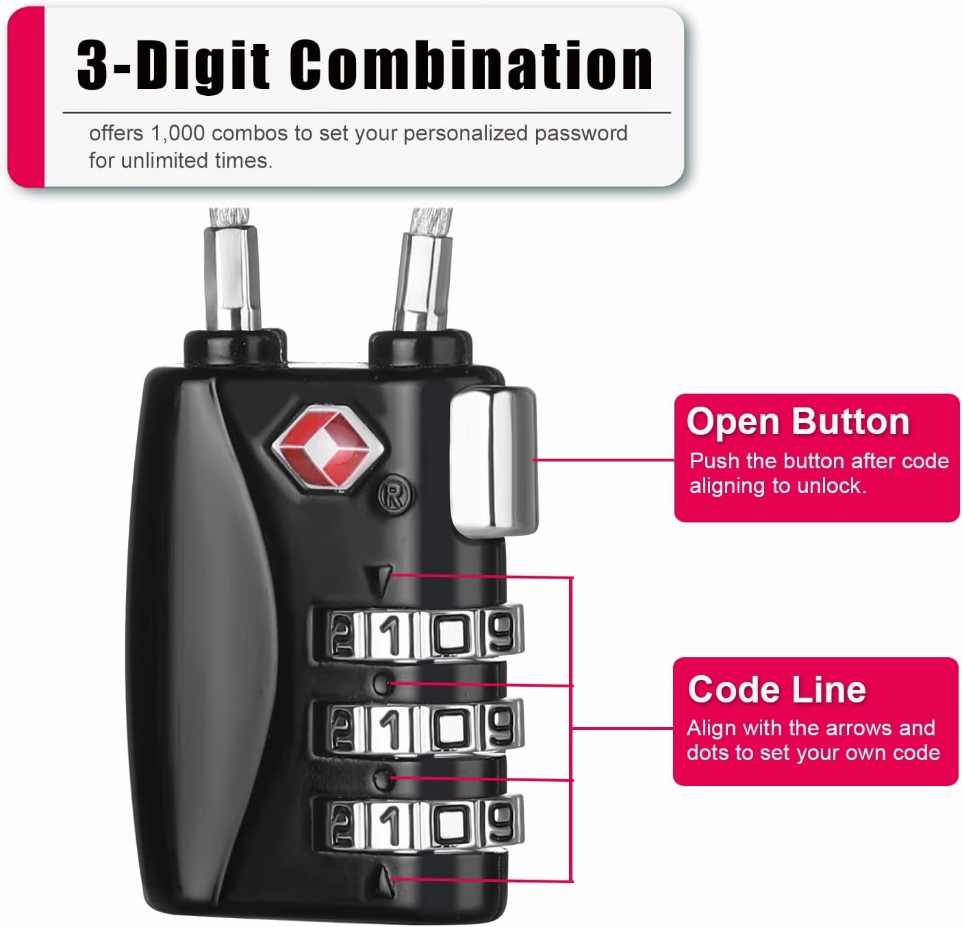 ZHEGE TSA Luggage Lock 2 Pack, 3 Digit Small Combination Padlock for Travel (Black & Red)