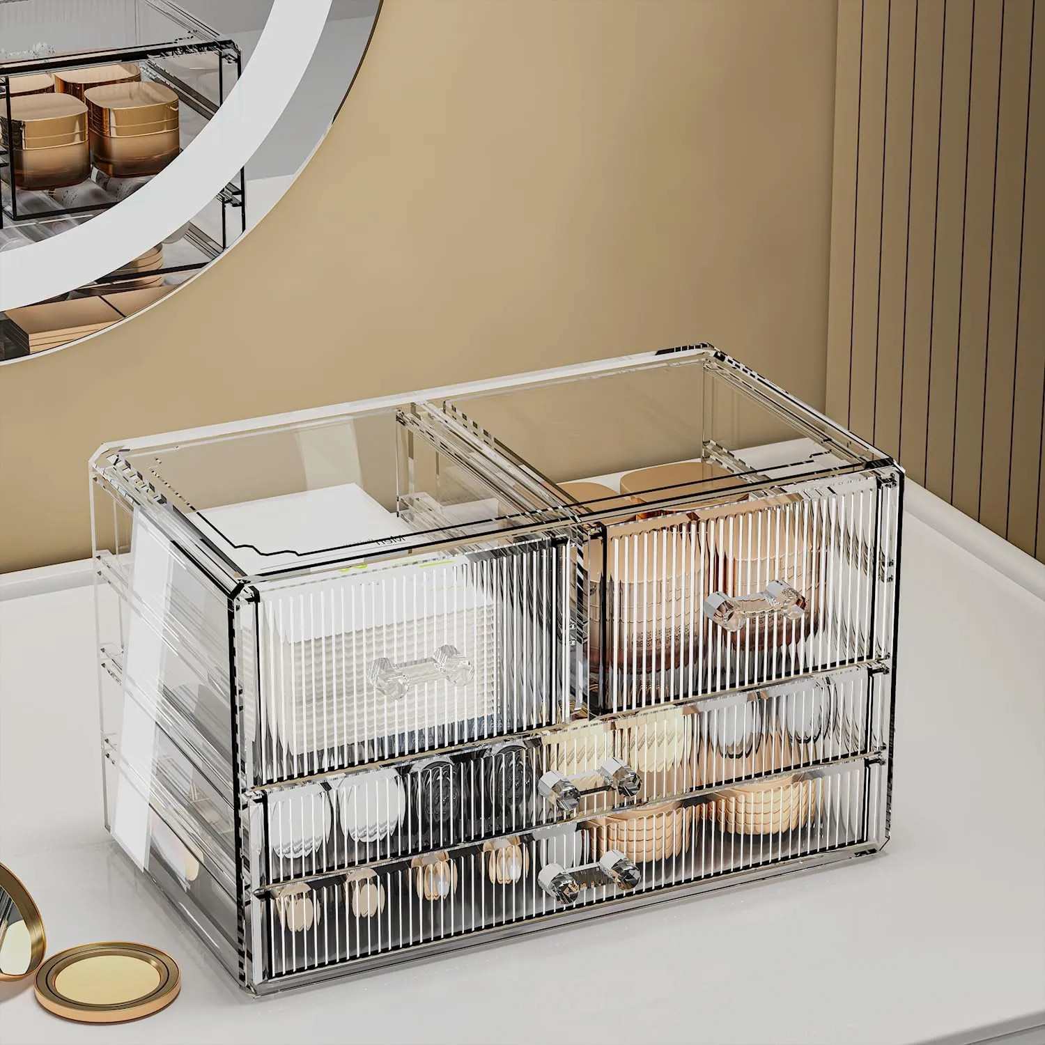 ZHIAI Stackable Storage Drawers, Acrylic Bathroom Counter Organizer Clear Makeup Organizers for Vanity, Kitchen Cabinets, Bathroom, Undersink, Home Organization and Storage (4 Drawers, Pattern D)