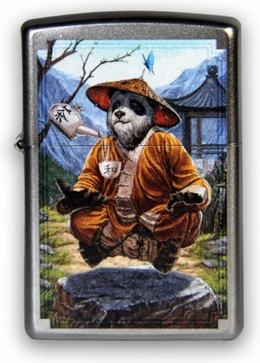 Zippo Meditating Panda Bear Lighter, Satin Chrome Finish, Windproof and Refillable, Collectible Art Design